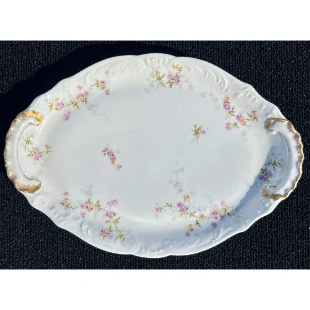 Vintage Theodore Haviland Limoges France Serving Platter Gold Handles 16in Flora